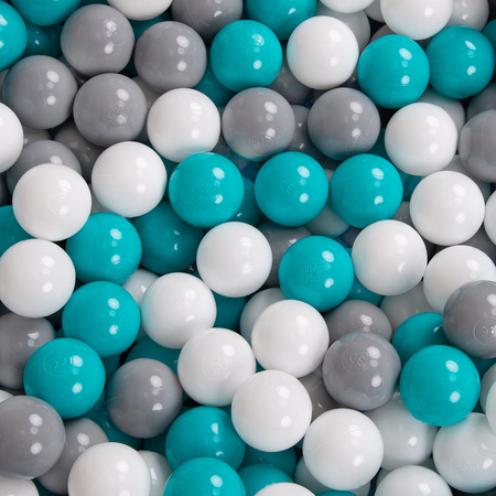 KiddyMoon Soft Ball Pit Square  ∅ 7Cm / 2.75In For Kids, Foam Ball Pool Baby Playballs Children, Made In The EU, light grey:grey-white-turquoise, 120x30cm/300 balls
