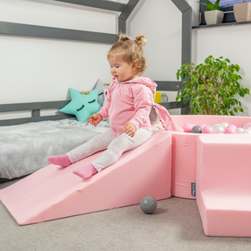 KiddyMoon Foam Playground for Kids with Round Ballpit ( ∅ 7cm/2.75In) Soft Obstacles Course and Ball Pool, Certified Made In The EU, pink:pastel beige/light pink/pearl, Ballpit (200 Balls) + Wedge