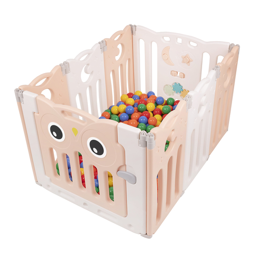 Playpen Box Foldable for Children with Plastic Colourful Balls, white-pink:yellow/green/blue/red/orange, 6 + 2 Panels/100 Balls