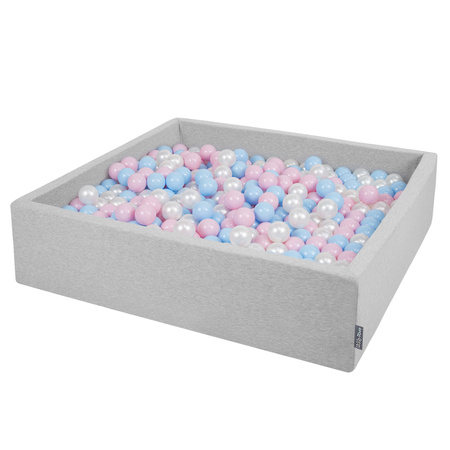 KiddyMoon Soft Ball Pit Square  ∅ 7Cm / 2.75In For Kids, Foam Ball Pool Baby Playballs Children, Made In The EU, light grey:babyblue-powder pink-pearl, 120x30cm/200 balls