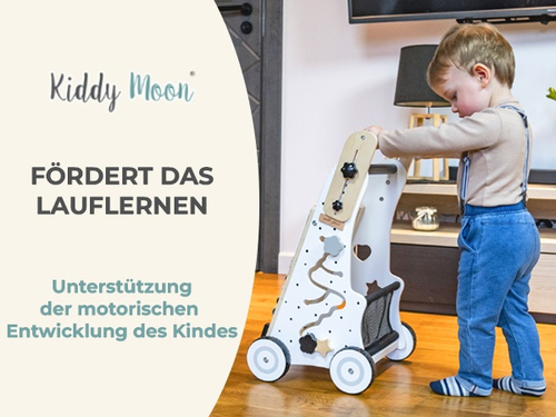 KiddyMoon Wooden Baby Walker Interactive Educational Toy for Children Multifunctional Push-Along Toy for Babies Montessori Walker for Kids Model WK-002, Black - White, Standard