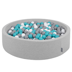 KiddyMoon Soft Ball Pit Round ∅ 7Cm / 2.75In For Kids, Foam Ball Pool Baby Playballs Children, Made In The EU, light grey:grey-white-turquoise, 120x30cm/200 balls