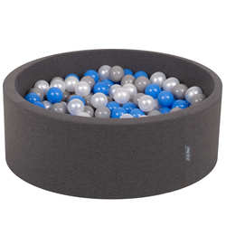 KiddyMoon Baby Foam Ball Pit with Balls ∅ 7cm / 2.75in Made in EU, dark grey:pearl/grey/blue, 90 x 30 cm / 200 Balls