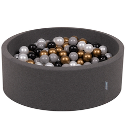 KiddyMoon Baby Foam Ball Pit with Balls ∅ 7cm / 2.75in Made in EU, dark grey:black/pearl/gold/grey, 90 x 30 cm / 200 Balls