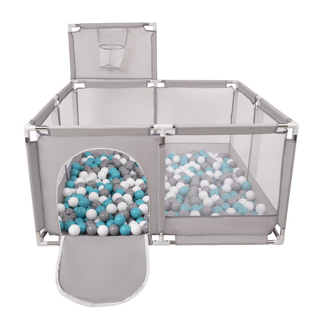 square play pen filled with plastic balls basketball, Grey:grey/white/turquoise, 100 balls