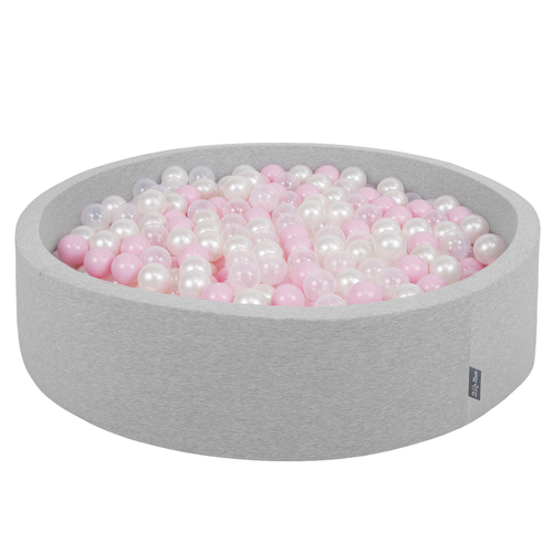 KiddyMoon Soft Ball Pit Round  ∅ 7Cm / 2.75In For Kids, Foam Ball Pool Baby Playballs Children, Made In The EU, light grey:powder pink-pearl-transparent, 120x30cm/600 balls
