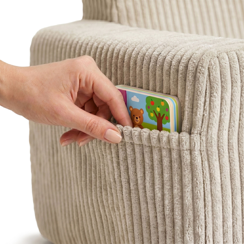 Foam armchair for kids convertible into bed, handle and side pockets, corduroy cover, beige, UNI