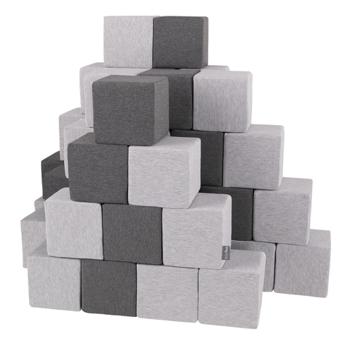 KiddyMoon Soft Foam Building Blocks for Babies & Toddlers, Washable Cotton Zip Cover, 14cm Cubes, Sensory Toy, cubes:dark grey-light grey, 48 Pieces