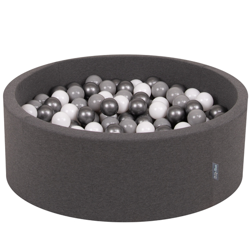 KiddyMoon Baby Foam Ball Pit with Balls ∅ 7cm / 2.75in Made in EU, dark grey:white/grey/silver, 90x30cm/300 balls