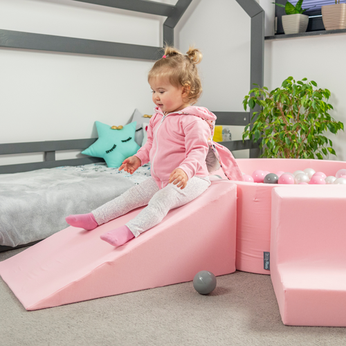 KiddyMoon Foam Playground for Kids with Round Ballpit ( ∅ 7cm/2.75In) Soft Obstacles Course and Ball Pool, Certified Made In The EU, pink:pastel beige/light pink/pearl, Ballpit (200 Balls) + Version 3
