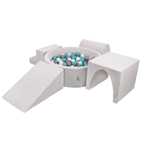 KiddyMoon Foam Playground for Kids with Round Ballpit ( ∅ 7cm/2.75In) Soft Obstacles Course and Ball Pool, Certified Made In The EU, lightgrey:grey/white/turquoise, Ballpit (300 Balls) + Version 3