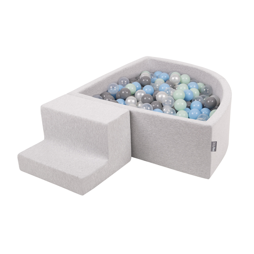KiddyMoon Foam Playground for Kids with Quarter Angular Ballpit and Balls, lightgrey:pearl/grey/transparent/babyblue/mint, Ballpit (200 Balls) + Steps