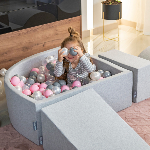 KiddyMoon Foam Ball Pit with Balls for Babies and Toddlers, Soft Sensory Play, Durable Removable Cover, Safe, heather:pastel beige/white/pearl, 90 x 30 cm / 200 Balls