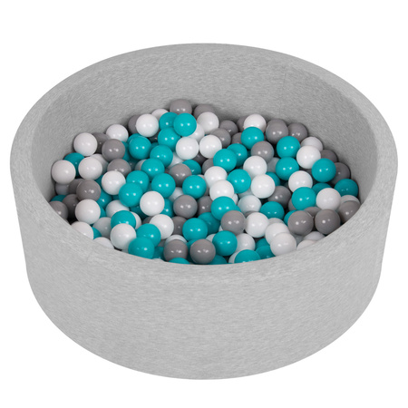 Soft Ball Pit Pool Round 90x30cm for Baby Toddler 200/300 Balls Foam, light grey:grey-white-turquoise, 90x30cm/300 balls