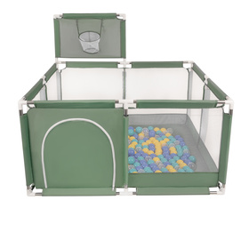 square play pen filled with plastic balls basketball, green:turquoise/blue/yellow/transparent, 100 balls