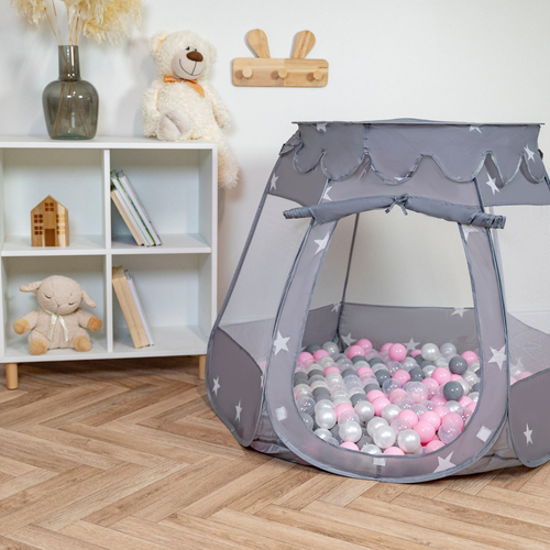 Play Tent For Kids Castle Baby Playhouse For Children With Colorful Balls Pop Up Perfect For Indoor And Outdoor Easy Set Up Includes Carry Bag, grey:pearl-grey-transparent-powder pink, 105x90cm/100 balls