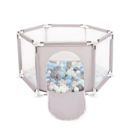 hexagon 6 side play pen with plastic balls, Grey:pearl/grey/transparent/babyblue/mint, 200 balls