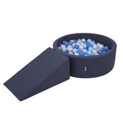 KiddyMoon Foam Playground for Kids with Round Ballpit ( ∅ 7cm/2.75In) Soft Obstacles Course and Ball Pool, Certified Made In The EU, darkblue:babyblue/blue/pearl, Ballpit (100 Balls) + Wedge