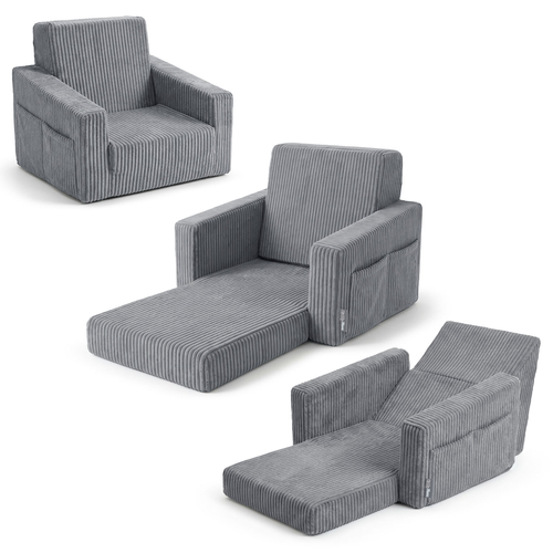 Foam armchair for kids convertible into bed, handle and side pockets, corduroy cover, dark grey, UNI