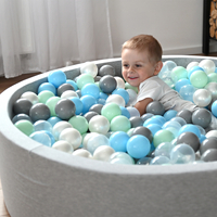 KiddyMoon Baby Foam Ball Pit with Balls ∅ 7cm / 2.75in Made in EU, light grey:pearl/grey/transparent/baby blue/mint, 90 x 30 cm / 200 Balls