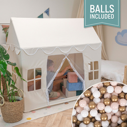 KiddyMoon Playhouse For Kids Foldable Tent Child's Play Cotton Fabric Easy To Assemble Indoor And Outdoor Use With Windows And Doors Encourages Creative Play Compact Storage, natural: pastel beige/white/gold, 200 Balls