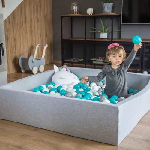 KiddyMoon Soft Ball Pit Quarter Angular ∅ 7cm / 2.75In for Kids, Foam Ball Pool Baby Playballs, Made In The EU, light grey:grey/white/turquoise, 90 x 30 cm / 200 Balls