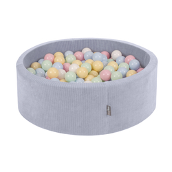 KiddyMoon Foam Ball Pit For Kids Round 90x30cm Baby Soft & Safe Toy, dark grey: pastel blue/pastel yellow/white/mint/powder pink, 90x30cm/200 balls