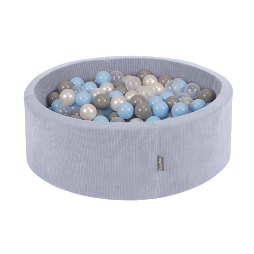 KiddyMoon Foam Ball Pit For Kids Round 90x30cm Baby Soft & Safe Toy, dark grey: perle/grey/transparent/baby blue, 90x30cm/200 balls