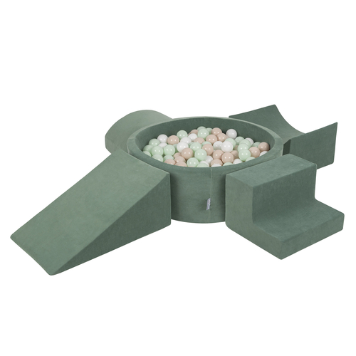 KiddyMoon Foam Playground Velvet for Kids with Round Ballpit ( ∅ 7cm/2.75In) Soft Obstacles Course and Ball Pool, Certified Made In The EU, zieleń lasu: pastelowy beż-biały-mięta
