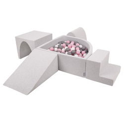 KiddyMoon Foam Playground for Kids with Quarter Angular Ballpit and Balls, lightgrey:white/grey/powderpink, Ballpit (200 Balls) + Version 3