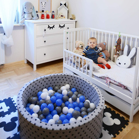 KiddyMoon Baby Foam Ball Pit with Balls ∅ 7cm / 2.75in Square Made in EU, light grey:grey/white/turquoise, 90x30cm/200 balls