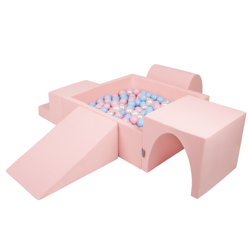 KiddyMoon Foam Playground for Kids with Square Ball pit ( ∅ 7cm/2.75In) Soft Obstacles Course and Ball Pool, Certified Made In The EU, pink:babyblue/powder pink/pearl, Ballpit (300 Balls) + Version 3