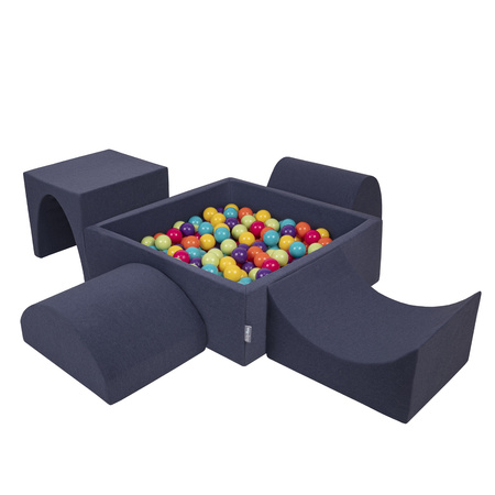 KiddyMoon Foam Playground for Kids with Square Ballpit ( ∅ 7cm/2.75In) Soft Obstacles Course and Ball Pool, Certified Made In The EU, darkblue:lgreen/yellow/turquoi/orange/dpink/purple, Ballpit (200 Balls) + Version 1