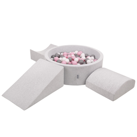 KiddyMoon Foam Playground for Kids with Round Ballpit ( ∅ 7cm/2.75In) Soft Obstacles Course and Ball Pool, Certified Made In The EU, lightgrey:white/grey/powderpink, Ballpit (300 Balls) + Version 4