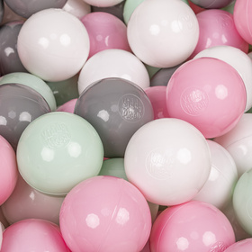 KiddyMoon Soft Plastic Play Balls ∅ 6cm / 2.36 Multi Colour Made in EU, white/grey/mint/light pink, 1200 Balls/6cm-2.36in