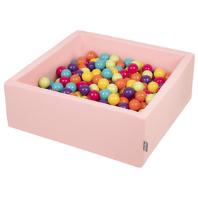 KiddyMoon Baby Foam Ball Pit with Balls ∅ 7cm / 2.75in Square Made in EU, pink:l.green/yellow/turquoise/orange/d.pink/purple, 90x30cm/300 balls