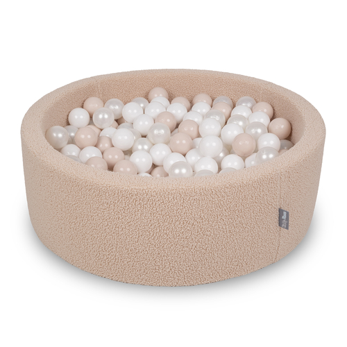 KiddyMoon Ball Pit for Baby with Teddy Plush, Large 7 cm Balls for a Fuller Ball Pit, From 8 Months, Removable Cover, Beige: Pastel Beige/White/Pearl, 90 x 30 cm / 300 Balls