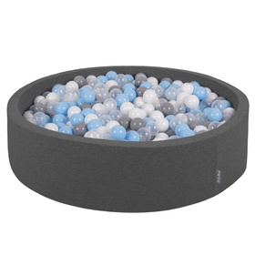 KiddyMoon Soft Ball Pit Round  ∅ 7Cm / 2.75In For Kids, Foam Ball Pool Baby Playballs Children, Made In The EU, dark grey:grey/white/transparent/babyblue, 120x30cm/200 balls