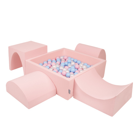 KiddyMoon Foam Playground for Kids with Square Ballpit ( ∅ 7cm/2.75In) Soft Obstacles Course and Ball Pool, Certified Made In The EU, pink:babyblue/powder pink/pearl, Ballpit (300 Balls) + Version 1