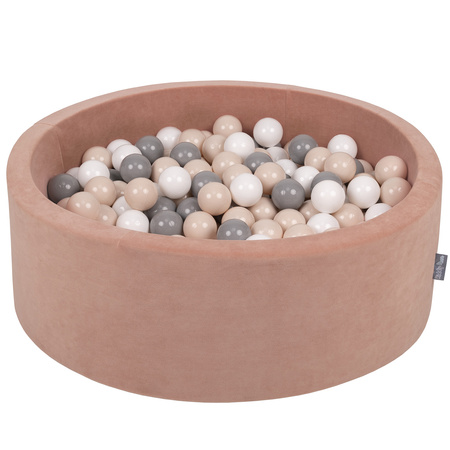 KiddyMoon Soft Ball Pit Round ∅ 7cm / 2.75In for Kids, Foam Velvet Ball Pool Baby Playballs, Made In The EU, desert pink:pastel beige/grey/white, 90x30cm/200 balls