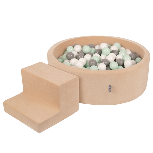 KiddyMoon Foam Playground Velvet for Kids with Round Ball pit (∅ 7cm/2.75In) Soft Obstacles Course and Ball Pool, Certified Made In The EU, Sand beige: white/grey/mint, Ballpit (200 Balls) + Steps