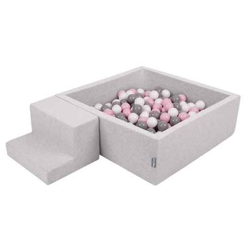 KiddyMoon Foam Playground for Kids with Square Ballpit ( ∅ 7cm/2.75In) Soft Obstacles Course and Ball Pool, Made In The EU, lightgrey:white/grey/powderpink, Ballpit (200 Balls) + Steps