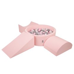 KiddyMoon Foam Playground for Kids with Round Ballpit ( ∅ 7cm/2.75In) Soft Obstacles Course and Ball Pool, Made In The EU, pink:pearl/grey/transparent/powder pink, Ballpit (200 Balls) + Version 4