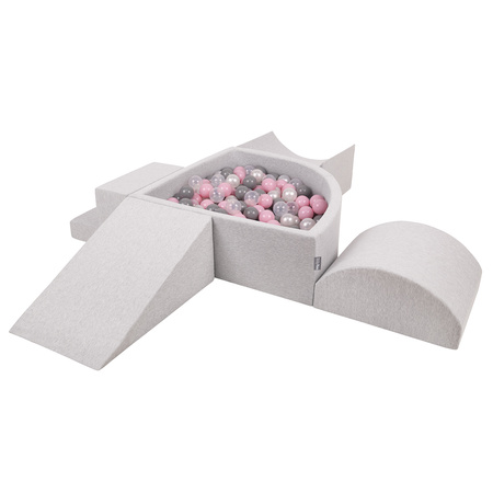 KiddyMoon Foam Playground for Kids with Quarter Angular Ballpit and Balls, lightgrey:pearl/grey/transparent/powderpink, Ballpit (200 Balls) + Version 5