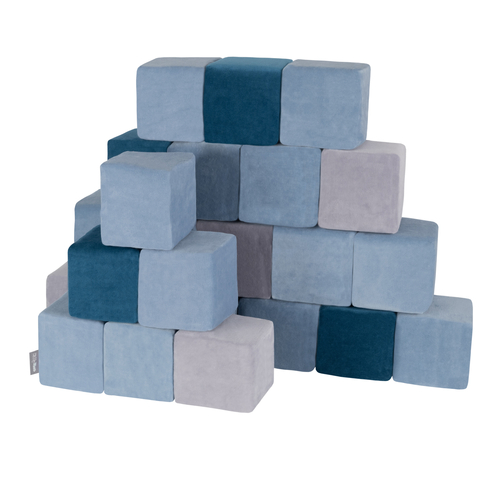 KiddyMoon velvet foam cubes for kids 14cm soft, cubes:lagoon turquoise-ice blue-grey mountains, 24 Pieces