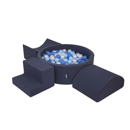 KiddyMoon Foam Playground for Kids with Round Ballpit ( ∅ 7cm/2.75In) Soft Obstacles Course and Ball Pool, Certified Made In The EU, darkblue:babyblue/blue/pearl, Ballpit (200 Balls) + Version 6