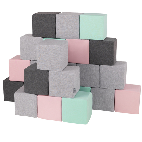 KiddyMoon Soft Foam Building Blocks for Babies & Toddlers, Washable Cotton Zip Cover, 14cm Cubes, Sensory Toy, cubes:light grey-dark grey-pink-mint, 24 Pieces