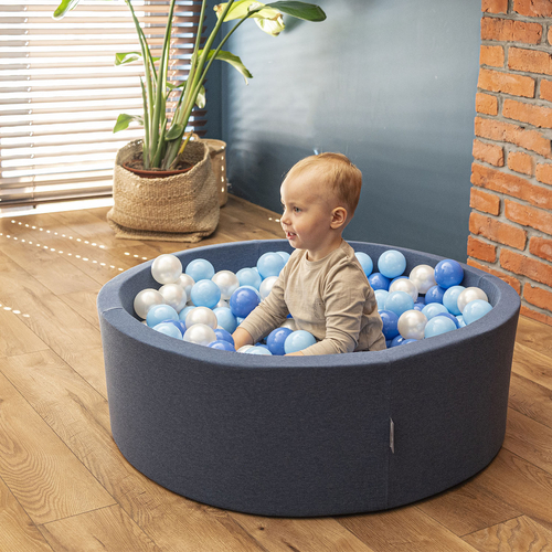 KiddyMoon Baby Foam Ball Pit with Balls ∅ 7cm / 2.75in Made in EU, dark blue, 90 x 30 cm / 200 Balls