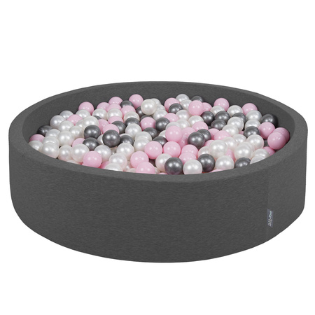 KiddyMoon Soft Ball Pit Round  ∅ 7Cm / 2.75In For Kids, Foam Ball Pool Baby Playballs Children, Made In The EU, dark grey:pearl-powder pink-silver, 120x30cm/200 balls