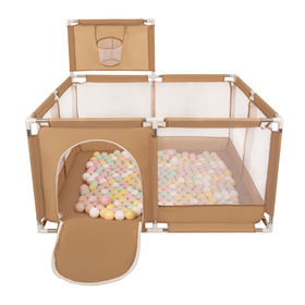 square play pen filled with plastic balls basketball, beige:pastel beige/pastel yellow/white/mint/light pink, 100 balls